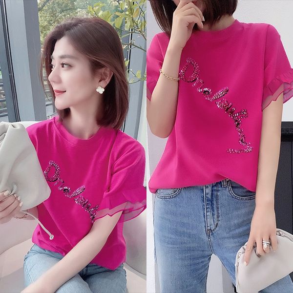 

fanliss 2020 новый летний европейца sequinssequins sequinsrose красный короткий рукав футболки для сыпучих тяжелой промышленности женской бл, White