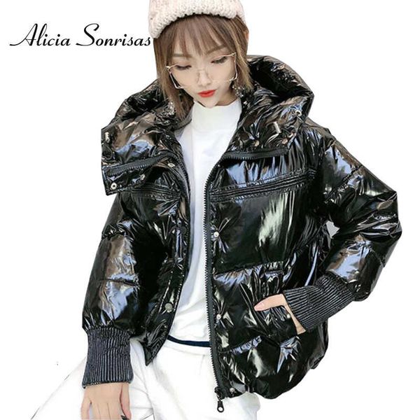 

hooded glossy winter down cotton padded jacket for women thick bright black shiny jacket yellow silver golden parkas as810 200930