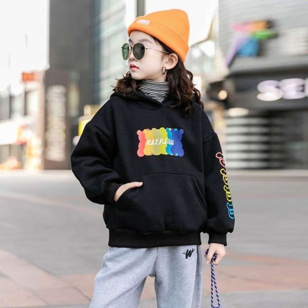 

winter girls' hooded 2020 sweater autumn and new zhongda children's fashion thickened hoodie, Black