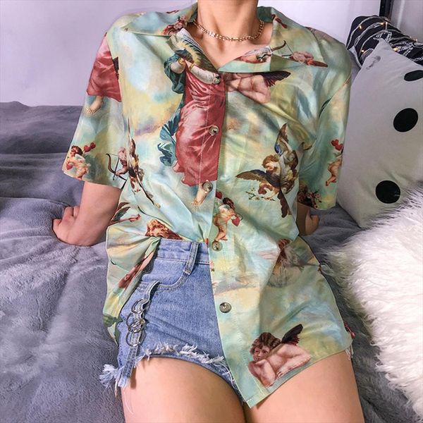 

harajuku cupid angel print summer women blouse vintage casual loose short sleeve shirt female streetwear, White