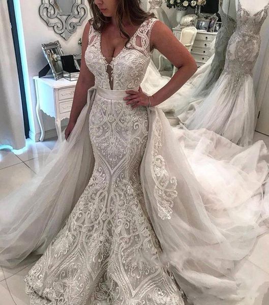 

vintage arabic new arrival lace mermaid wedding dresses sleeveless v-neck plus size detacahable train bridal gowns, White