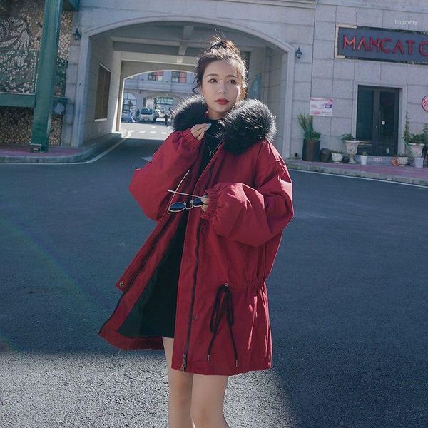 

women 2021 autumn winter mid-long cotton-padded jacket female loose fur collar coats ladies solid color warm hooded parkas m3751, Black