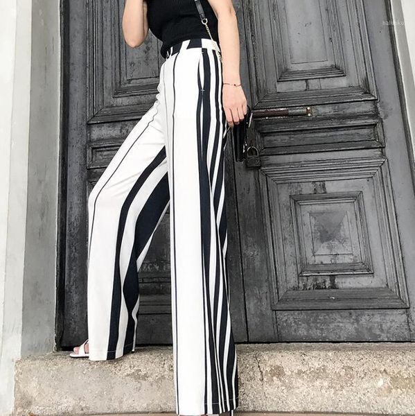 

women's pants & capris spring summer women's casual loose white black stripe chiffon female high waist wide leg tb9991, Black;white