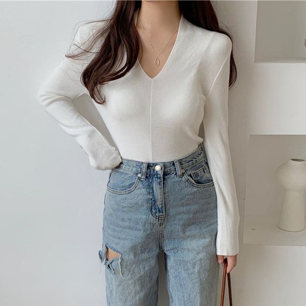 

шикарный темперамент тонкий и глубокий v-образный вырез пальто футболки топ универсальный с длинным рукавом t-shirt top для женщин i45yh, White;black