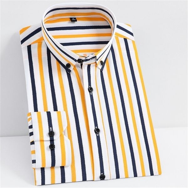 

men's fashion non-iron stretch soft casual striped shirts pocketless design long sleeve standard-fit youthful button-down shirt 220307, White;black
