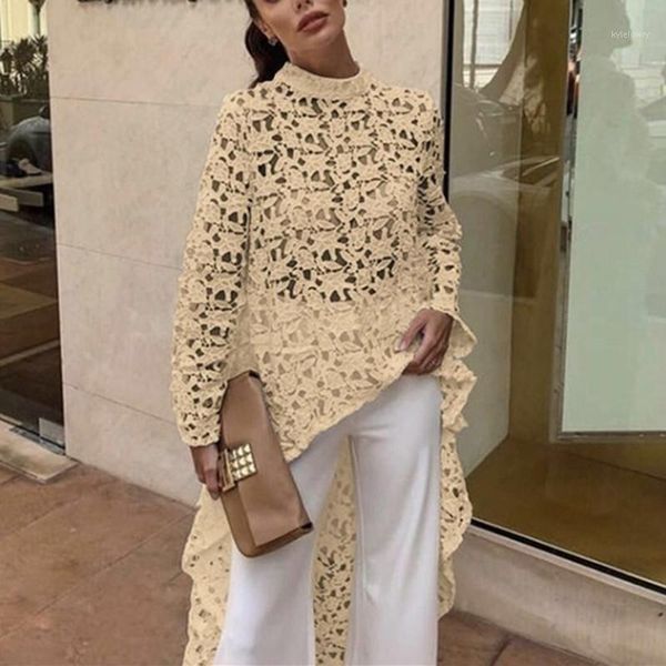 

women lace hollow out shirts long sleeve irregular stand collar female loose blouses 2020 spring lady elegant solid beach 1, White