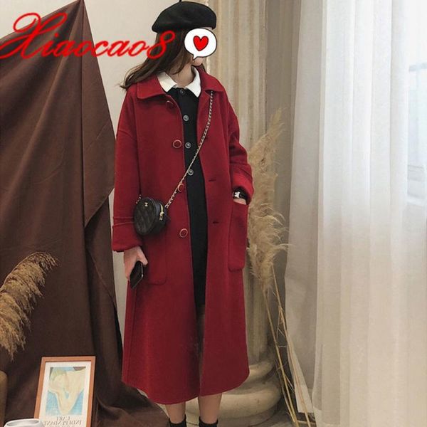 

winter long sleeve woolen coat jackets women single breasted casual solid coat with pocket female parkas plus size lady overcoat, Black