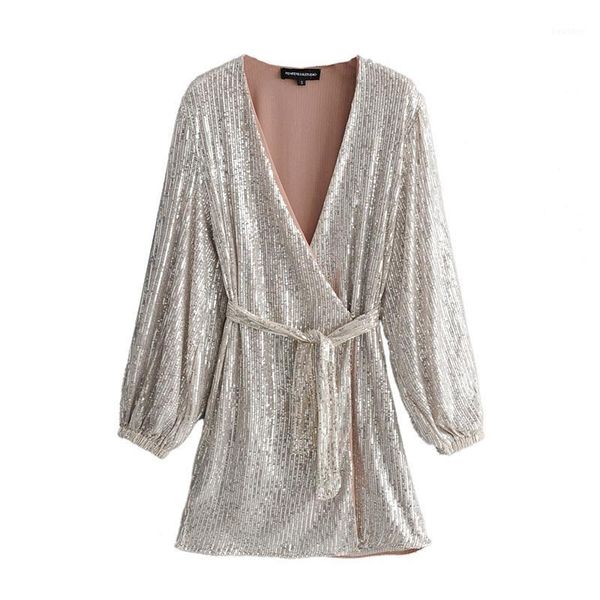 

deat 2020 spring sequins v neck dresses women fashion long puff sleeve dress mini ladies elegant tie blet waist dresses mg2001, Black;gray