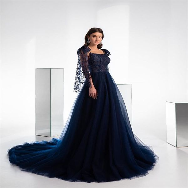 

gorgeous blue evening dresses 2021 spaghetti strap appliqued lace a-line prom dress sweep train red carpet dress formal party dress, Black