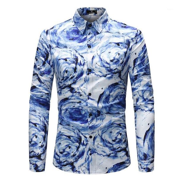 

2018 shirt men new vortex portrait floral print slim fit shirt cotton turn-down collar single breasted design z301, White;black
