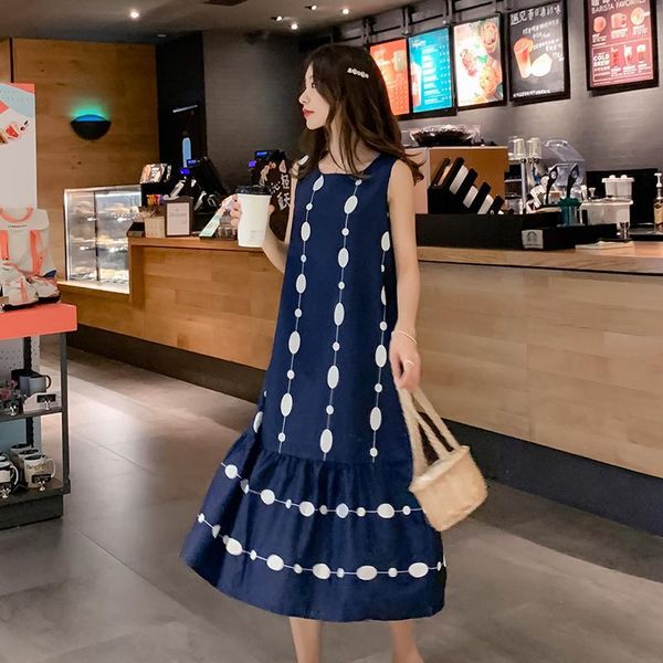 

summer maternity vest dress back zip sleeveless o-neck cotton sundress plus size polka dot pregnant women loose1 dresses, White