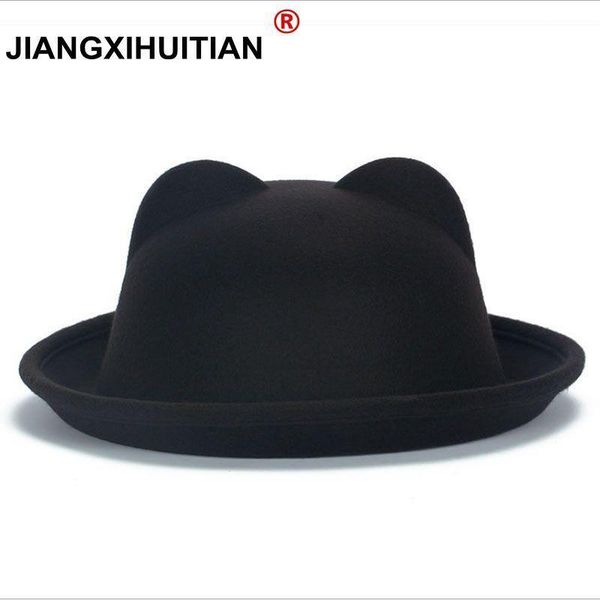 

2017 new fall winter fashion wool felt women's fedoras hats retro vintage cat ear animal cap not deformed fedoras caps for women bbyxsg, Black;white