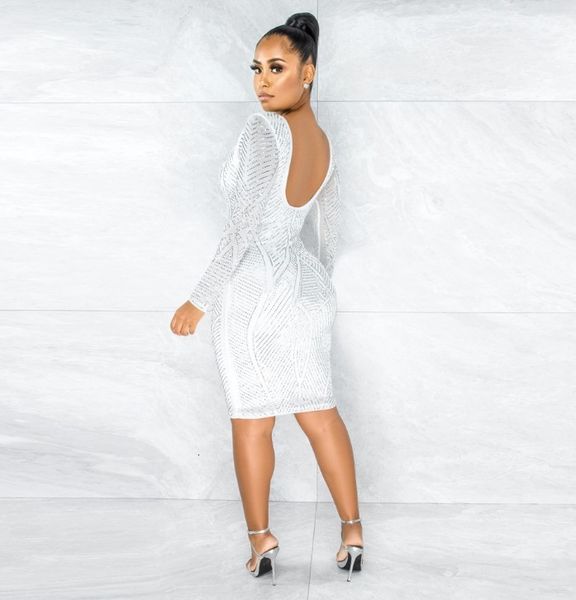 

da1168 2021 backless long-sleeved dress with rhinestones, White