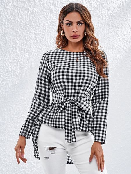 

buffalo plaid dip hem self belted h06t#, White