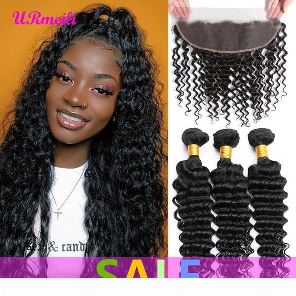 

malaysian deep curly human hair bundles with frontal closure virgin human hair extension deep wave frontal closure with 3 4 bundles, Black;brown
