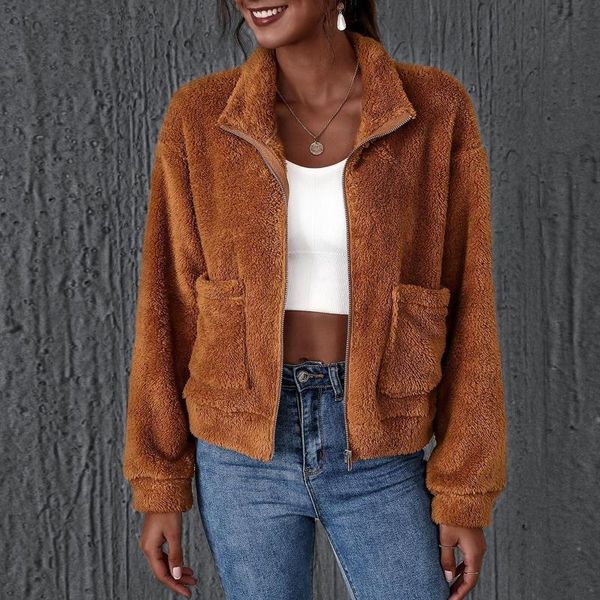 

fashion women ladies warm solid color zipper lapel pocket fleece plush coat winter long sleeve jacket outwear casaco feminino#35, Black;brown