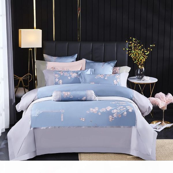 

41 100% египетский хлопок постельные принадлежности королева king size 4pcs вишни в цвету шаблон синий цвет пододеяльник простыня подделок п
