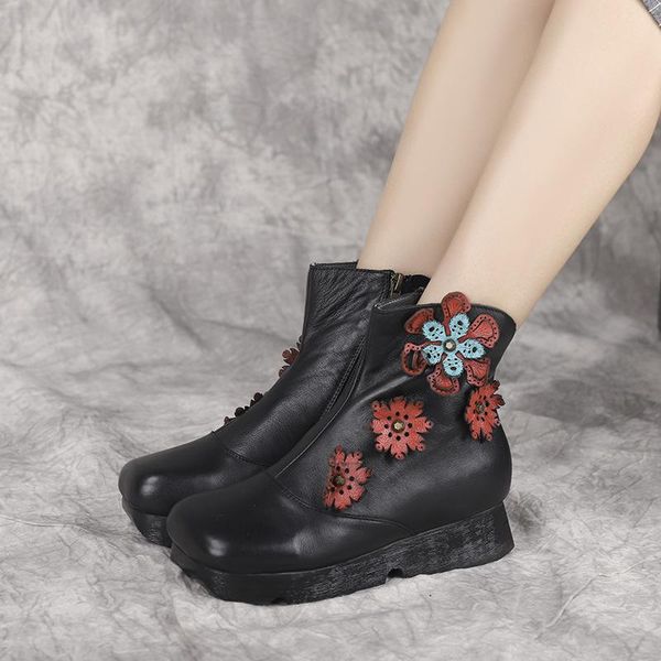 

yourseason platform boots genuine leather ladies shoes new 2021 flat with flower handmade women retro ankle zip round toe boots, Black