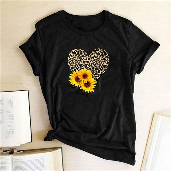 

leopard heart sunflowers printing t shirts women short sleeve summer tees women casual 2020 clothes camiseta mujer verano, White