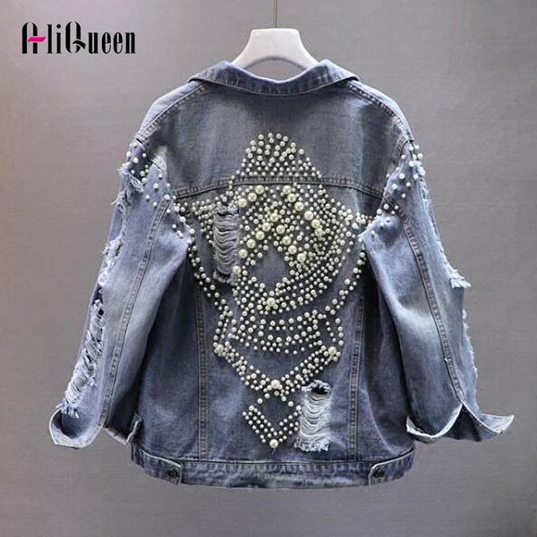 

vintage women cool frayed holes pearls beading denim jacket loose jeans jacket coats female streetwear outerwear chaqueta mujer, Black;brown