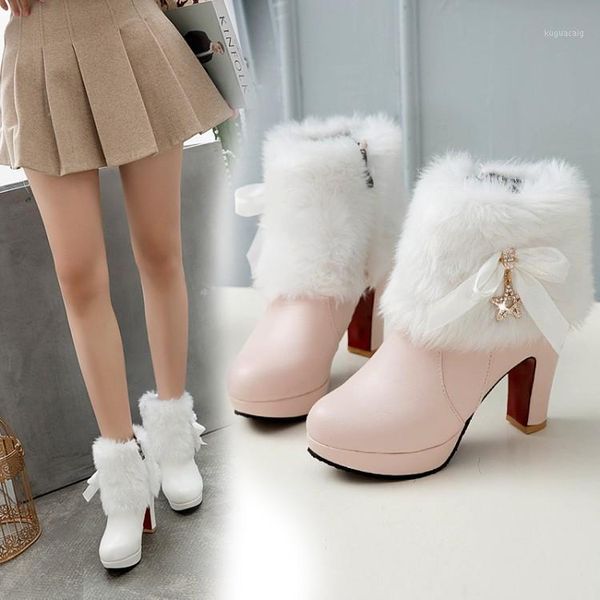

boots winter pink sweet and lovely mao snow thick heel high heels large size short women's shoes cotton1, Black