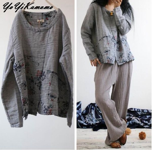 

2020 women cotton linen shirt spring vintage new original long sleeve floral shirt casual women 1, White