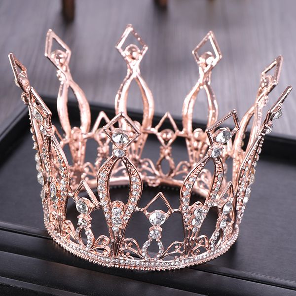 Grampos de cabelo Vintage Rose Gold Round Crystal Casamento Tiara Rainha Coroa para Nupcial Headpiece Diadem Prom Jóias