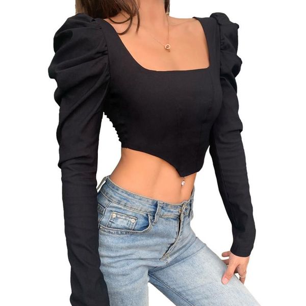 

women's t-shirt black crop women low cut backless puff long sleeve t shirt female club party elegant tees, White