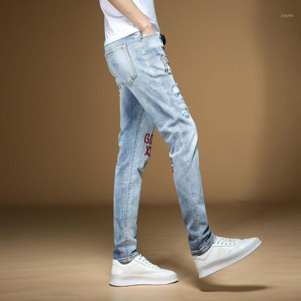 

jeans mens hip hop slimming daily business fashion blue letter pattern trousers1