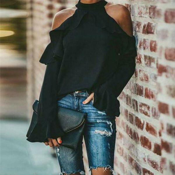 

uk solid color off shoulder halter trumpet sleeve women high neck cold shoulder long sleeves shirts ladies blouse, White