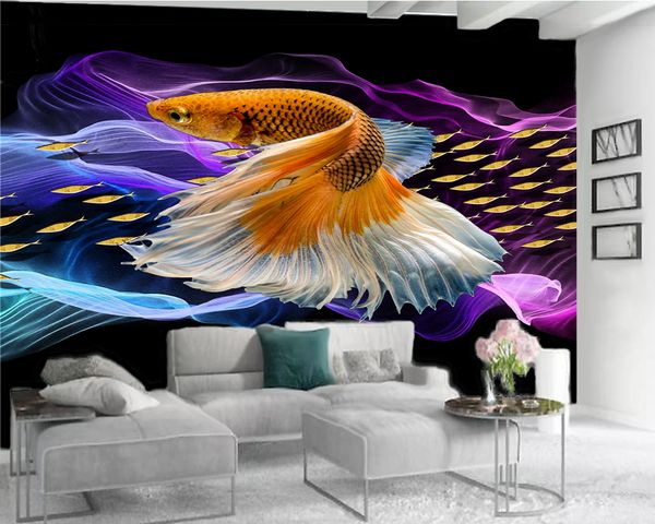 

3d animal wallpaper purple ribbon beautiful goldfish living room bedroom background wall decorative 3d mural wallpaper