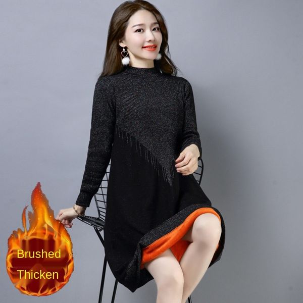 

women's sweater plush thickened medium length 2019 new autumn and winter loose wear warm sweaterdress sweaterwarm underlay over knee dr, White;black