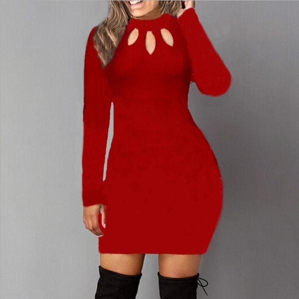 

bodycon dress women long sleeve solid color dresses spring autumn hollow out round neck black mini dress cotton s  l 5xl y0118, Black;gray