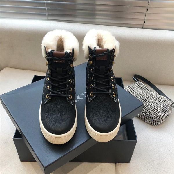 

winter women's shoes leisure sports leather shoes with increased inner short boots and fur integrated mid tube boots, Black