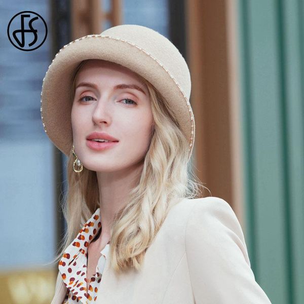 

fs vintage 2020 new winter hats for women wool felt wide brim fedoras elegant bowler black pink cloche sombreros de mujer, Blue;gray