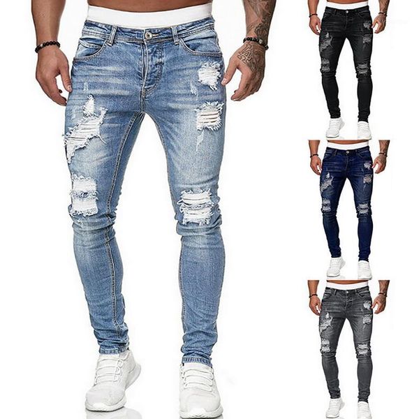 

new skinny jeans men streetwear destroyed ripped jeans homme hip hop broken modis male pencil biker embroidery patch pants1, Blue