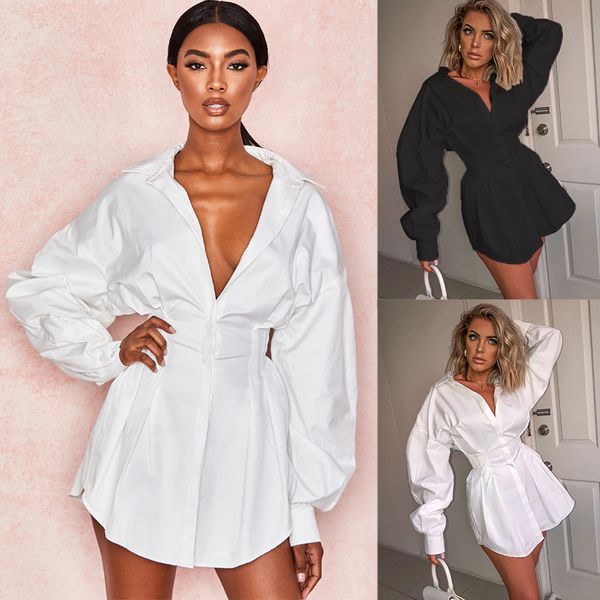 

women's autumn long sleeve solid lapel shirt mini dress casual loose blouse women dresses, White