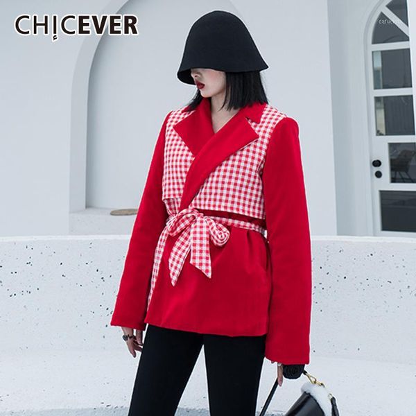 

chicever korean patchwork plaid hit color blazer women notched long sleeve lace up large size coats female 2020 new clothes1, White;black