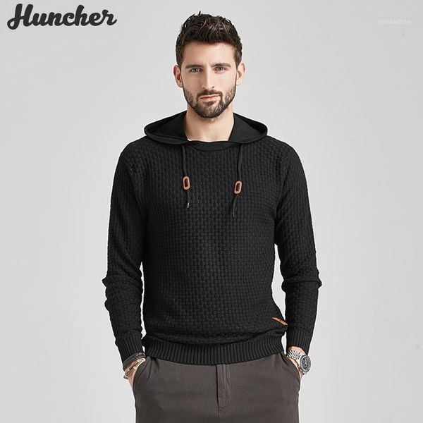 

huncher mens hooded knitted sweater men 2020 autumn solid knit pullover korean fashion vintage black slim fit sweaters for men1, White;black