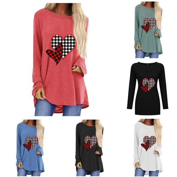 

2021 valentine's day women long sleeve t shirts plaid heart printing t-shirt pullovers casual sports sweatshirt autumn loose h11907, White