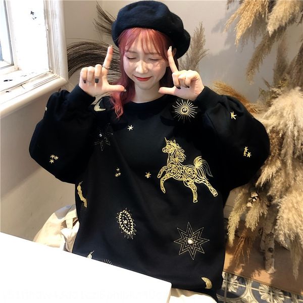 

bb9kr 2020 корейских женщины размера весны новый стиль свободный мультфильм печатной шею тонких крупных одежд женщины с длинным рукавом свит, Black