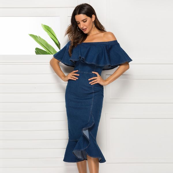 

2021 new summer elegant off the shoulder slim jeans bodycon women robe ruffle mermaid design party denim u234, Black;gray