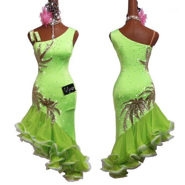 Latein-Tanzkleid, fluoreszierendes Grün, Rumba, Cha-Cha, Samba, Tango, glänzende Strass-Stickerei, Wettbewerbskleider, Showkleidung, DN48611259S