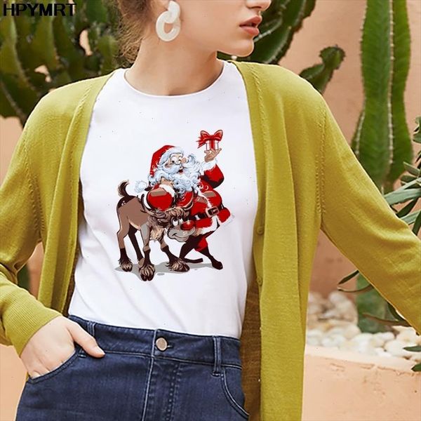 

merry christmas gift t shirt women fashion graphic cute santa claus and reindeer tee kawaii tshirt fashion hipster t shirt, White