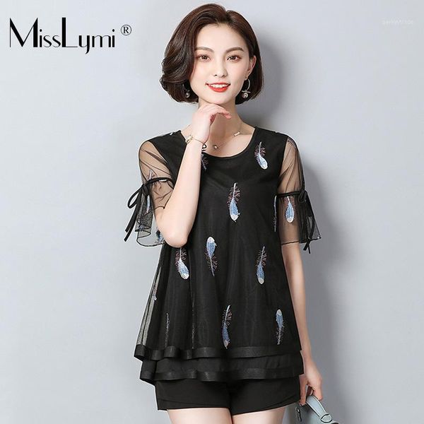 

women's blouses & shirts l-5xl plus size women feather embroidery blouse summer 2021 mesh patchwork short sleeve loose casual ladies ru, White