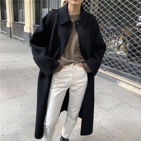 

french coats korean versatile elegant single breasted loose women coat casual 2020 alien turn-down collar ladies long kitty vmqet, Black