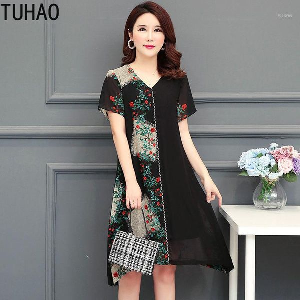 

tuhao mother summer dress 2020 fashion loose large size 5xl 4xl 3xl women's floral patchwork chiffon dresses mom wm091, Black;gray