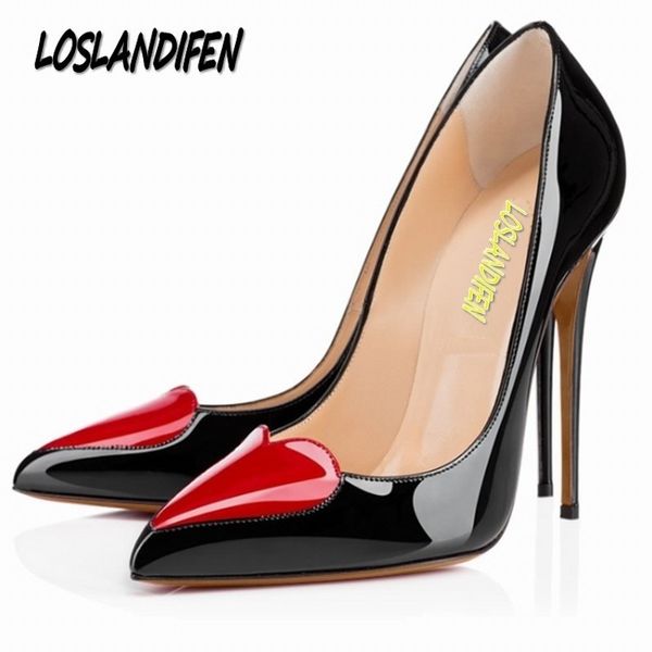 

loslandifen brand ladies women pumps high heels shoes woman party wedding dress ol pointed toe stiletto shoe heart-shaped t200525, Black