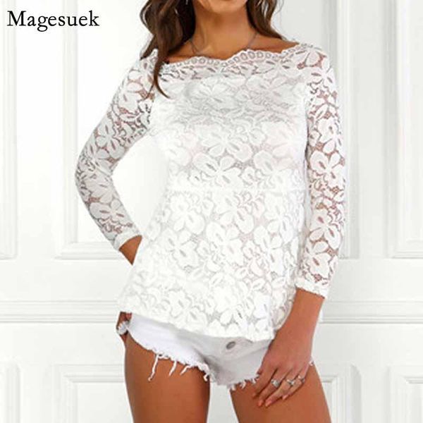 

women's blouses & shirts hollow out slash collar lace autumn 2021 long sleeve blouse women causal feminine white blusas 10435