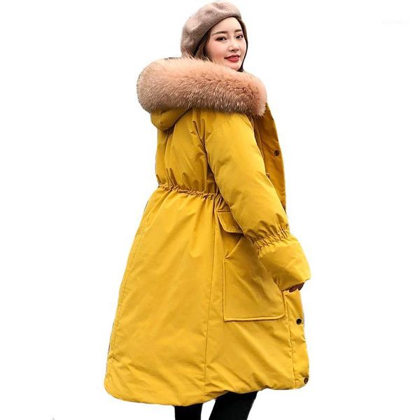 

2019 new design winter jacket women with thicken fur hooded down long coat breasted buttons female parka, Black
